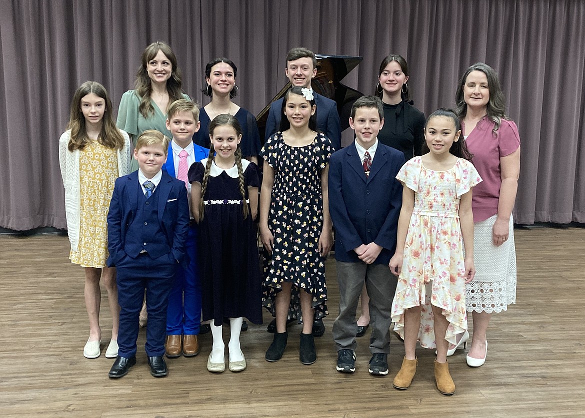 The North Idaho Music Teachers Association held a piano festival April 13 during which students were adjudicated and instructed by Margee Webster, a Music Teachers National Association Fellow and member of the Washington State Music Teachers Association (not pictured). She chose these students to perform in the Honor Recital at NIC the next day. The North Idaho Music Teachers Association has done this festival each spring for 22 years. From left, front row: Hudson McMillan, Chantal Eberlein, Elliana Rydesky, Joseph Eberlein and Isabelle Rydesky. Second row, from left: Gloria Vas Dias and Jameson McMillan. Back row, from left: Alyssa Jacobs, Liliana Tenney-Villalobos, Nicholas Bird, Kayla Tenney-Villalobos and Marietta Hardy.