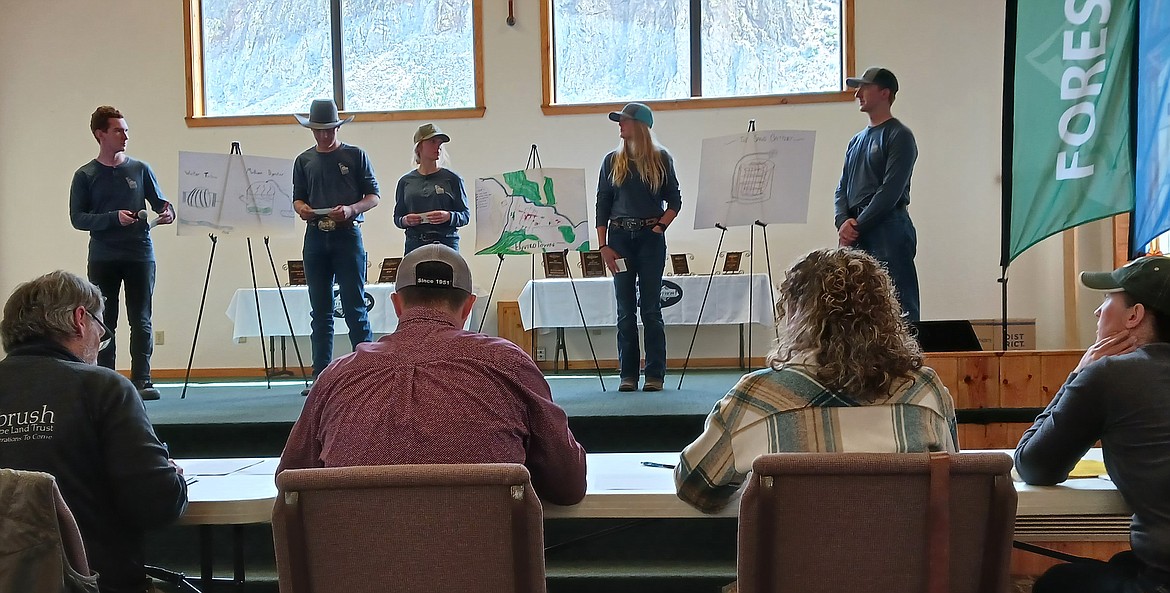 The North Idaho STEM Charter Academy team presents its scenario solution for the judges' panel Tuesday during the Idaho Envirothon contest, which the team won. From left: Nicolas Gronlund, Colton Burnside, Jessalyn Myers, Keira Barnhart and Micah Collins.