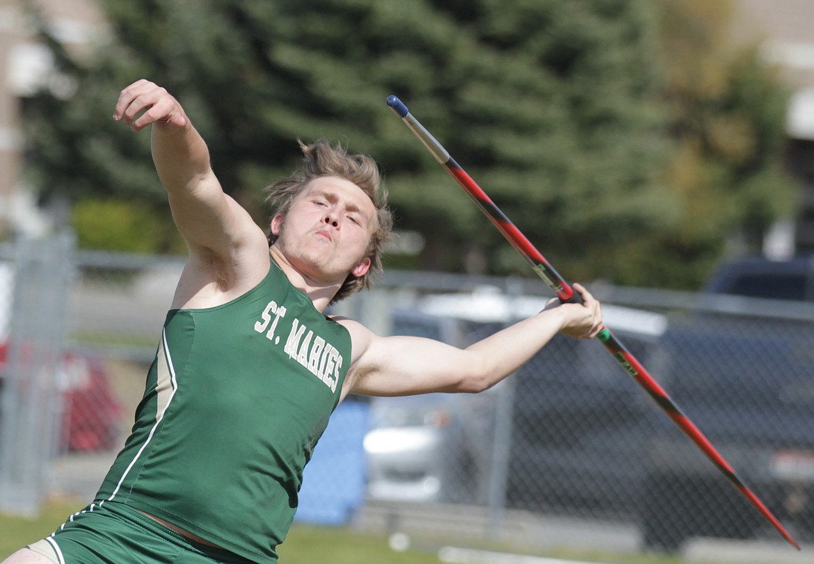 JASON ELLIOTT/Press
St. Maries senior Alexzander Lambson prepares to launch an attempt during the boys javelin at the District 1 All-Star Meet at Post Falls High on Thursday. The javelin, in its first year in the state, is an exhibition event this season, and will not be scored at the state meet until 2025.