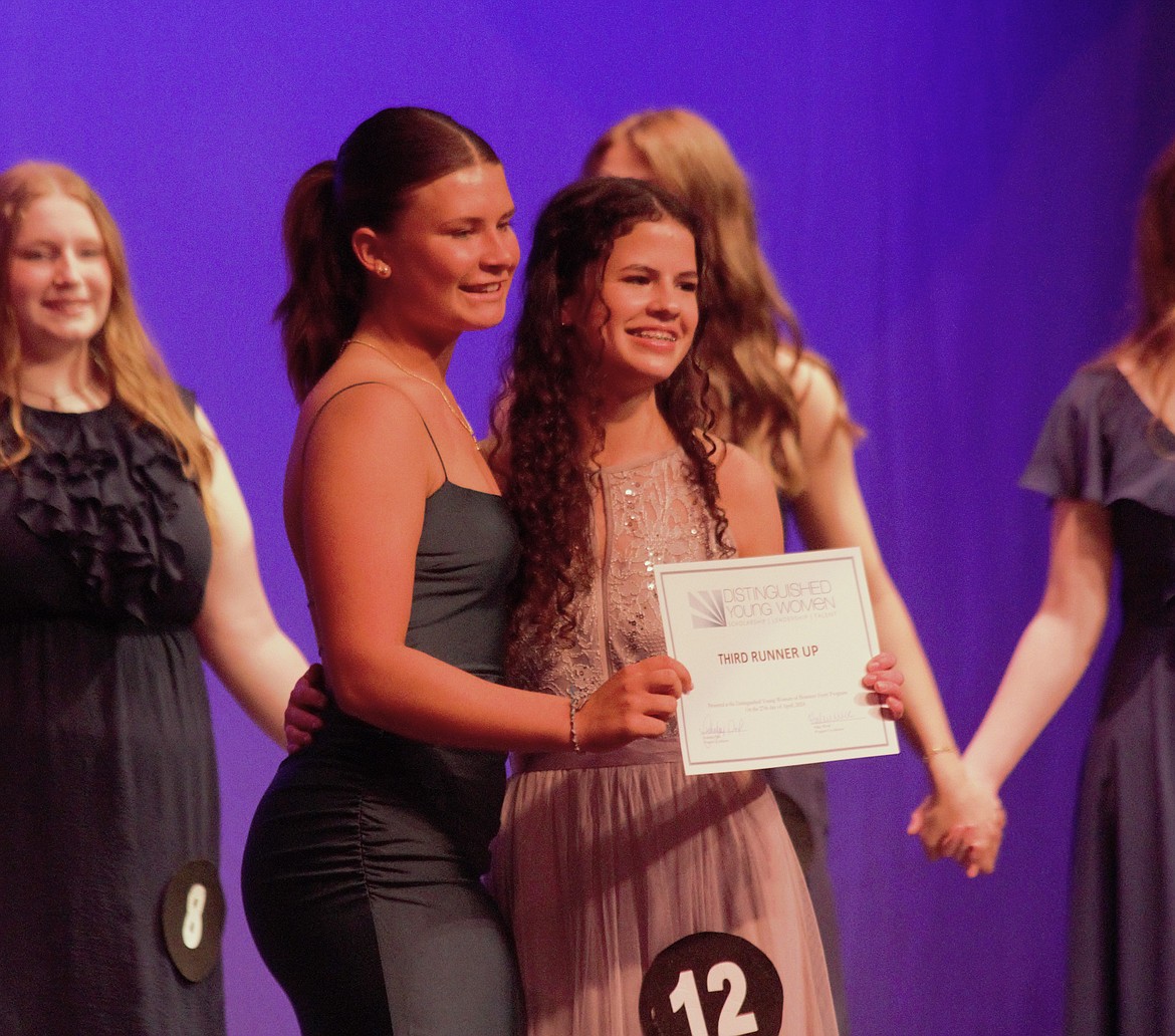 (left) Avery Bayer present Sydney Beckle, third place runner up with her placement award.