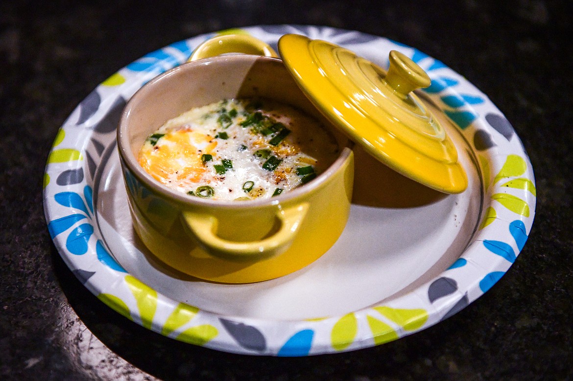 A dish of coddled eggs served to Glacier High School culinary students at Trovare during the students' tour of Whitefish eateries and restaurants on Friday, May 3. Each student was allowed to keep the piece of stoneware, a Mini Round Cocotte by Le Creuset. (Casey Kreider/Daily Inter Lake)