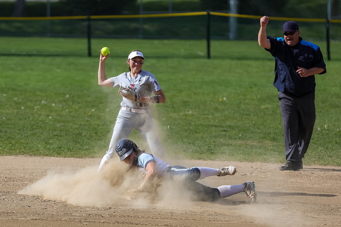 KYLE DISHAW PHOTOGRAPHY
North Idaho College sophomore infielder Emily Schulhauser throws to first base after recording an out at second against Columbia Basin in a Northwest Athletic Conference game at Memorial Field on Friday.