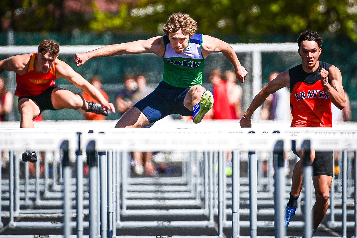 Glacier's Ethan Anderson took first place in the boys 110 meter hurdles at the Archie Roe Invitational at Legends Stadium on Saturday, May 4. (Casey Kreider/Daily Inter Lake)