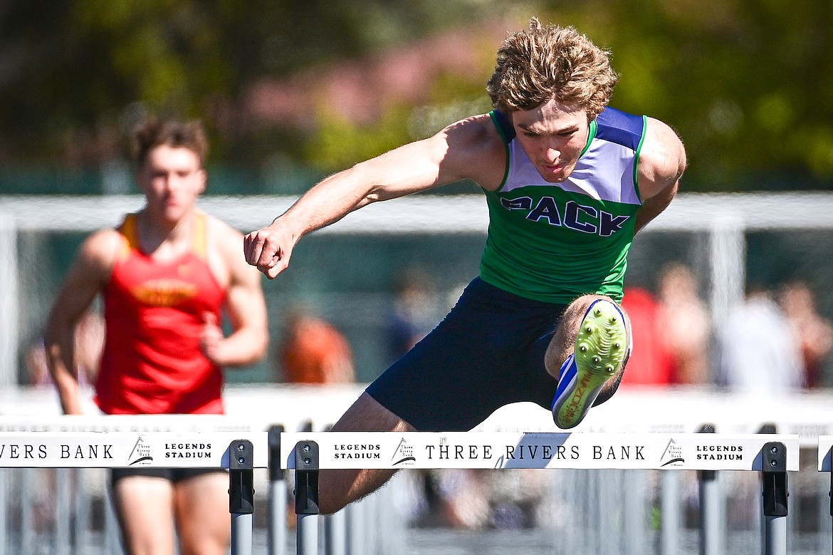 Glacier's Ethan Anderson took first place in the boys 110 meter hurdles at the Archie Roe Invitational at Legends Stadium on Saturday, May 4. (Casey Kreider/Daily Inter Lake)