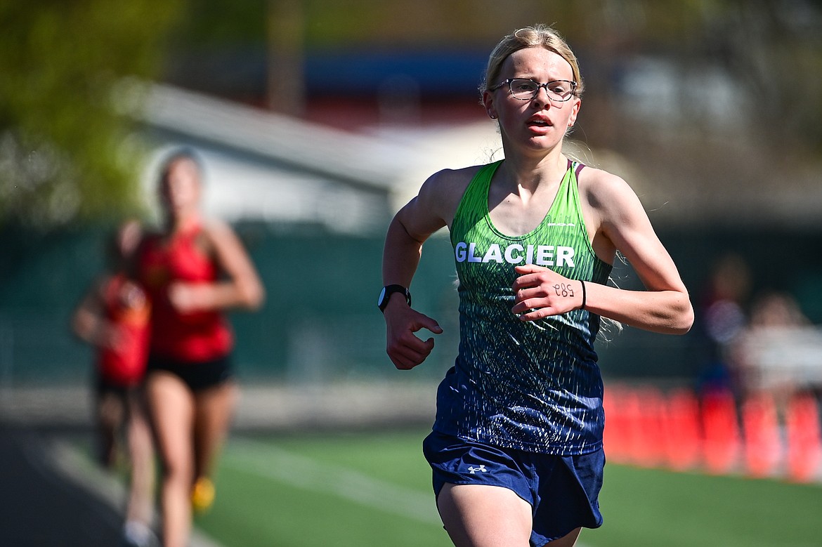 Glacier's Lauren Bissen took first place in the girls 3200 meter run at the Archie Roe Invitational at Legends Stadium on Saturday, May 4. (Casey Kreider/Daily Inter Lake)