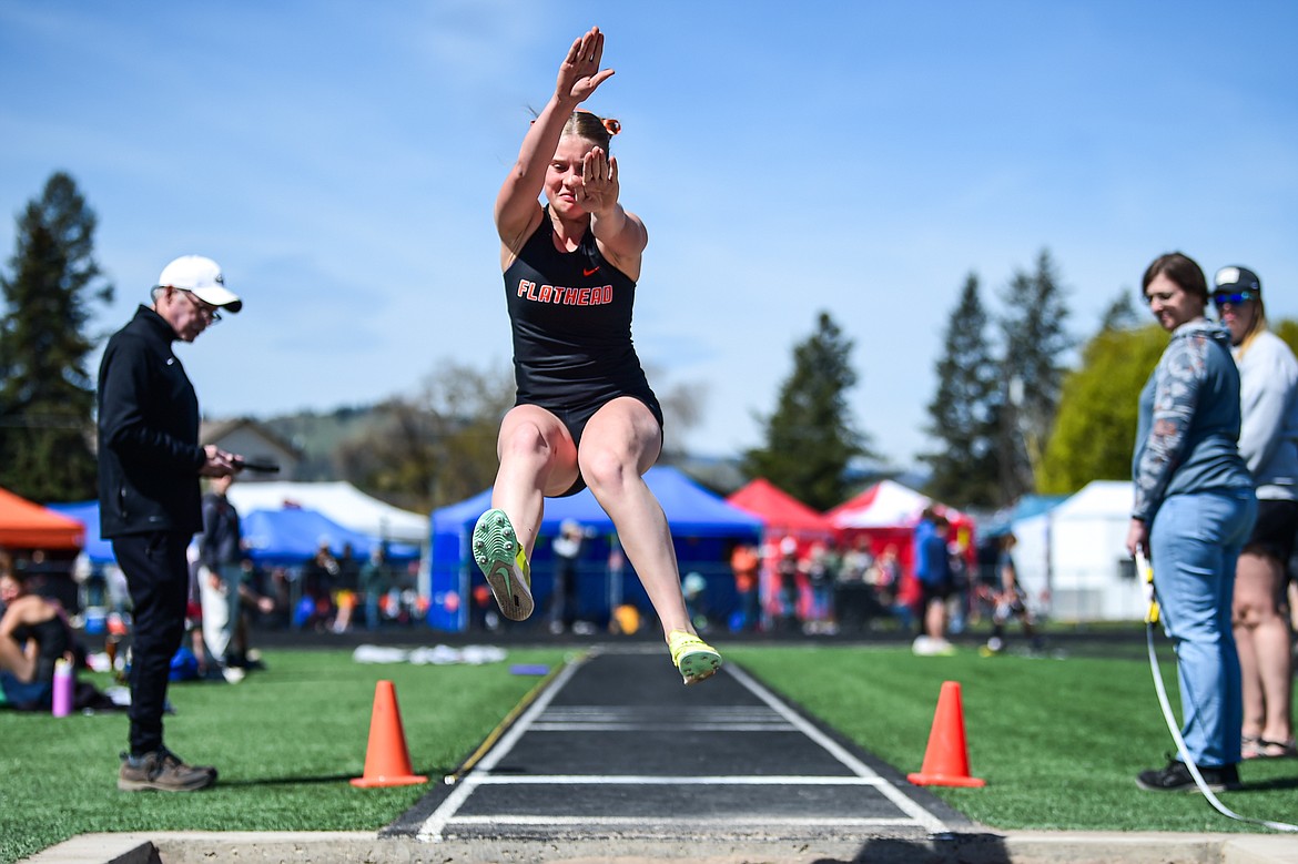 Flathead's Afton Wride competes in the girls long jump at the Archie Roe Invitational at Legends Stadium on Saturday, May 4. (Casey Kreider/Daily Inter Lake)