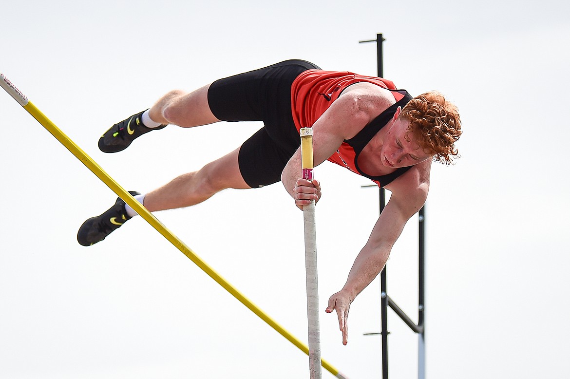 Flathead's Michael Mahar clears 14' in the boys pole vault at the Archie Roe Invitational at Legends Stadium on Saturday, May 4. (Casey Kreider/Daily Inter Lake)