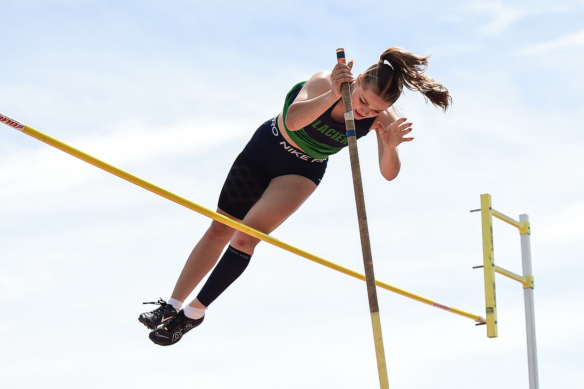 Glacier's Breanna Barnes clears 9'6" in the girls pole vault at the Archie Roe Invitational at Legends Stadium on Saturday, May 4. (Casey Kreider/Daily Inter Lake)