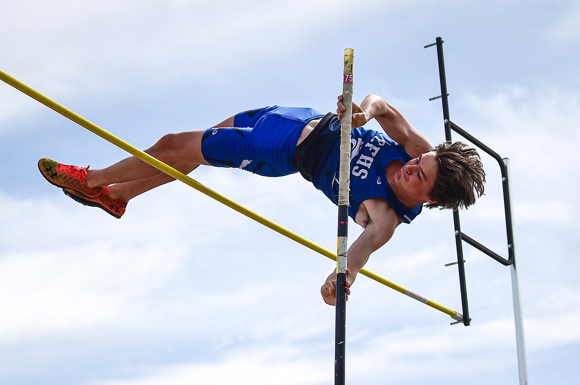 Columbia Falls' Oliver Kress clears 12' in the boys pole vault at the Archie Roe Invitational at Legends Stadium on Saturday, May 4. (Casey Kreider/Daily Inter Lake)