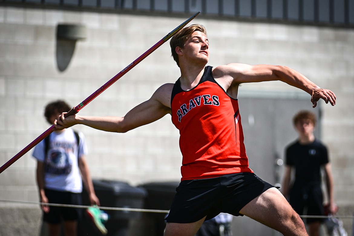 Flathead's Braden Capser competes in the boys javelin at the Archie Roe Invitational at Legends Stadium on Saturday, May 4. (Casey Kreider/Daily Inter Lake)