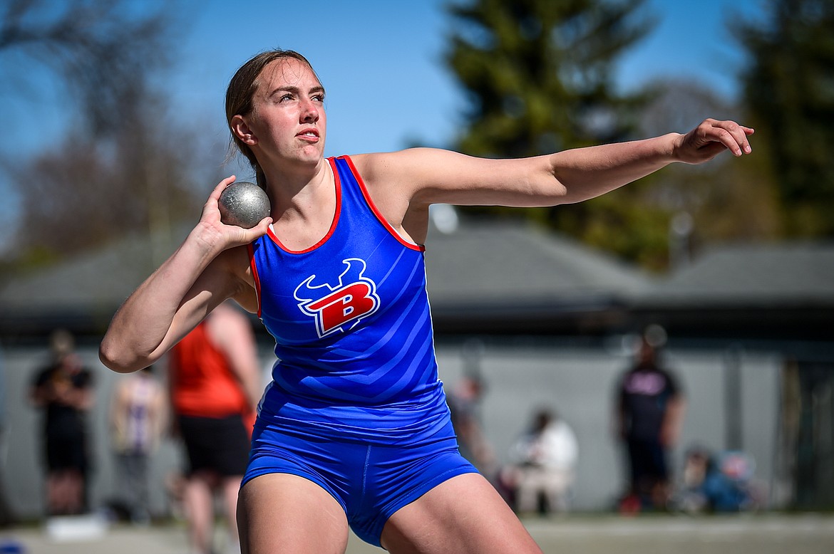 Bigfork's Callie Gembala competes in the girls shot put at the Archie Roe Invitational at Legends Stadium on Saturday, May 4. (Casey Kreider/Daily Inter Lake)