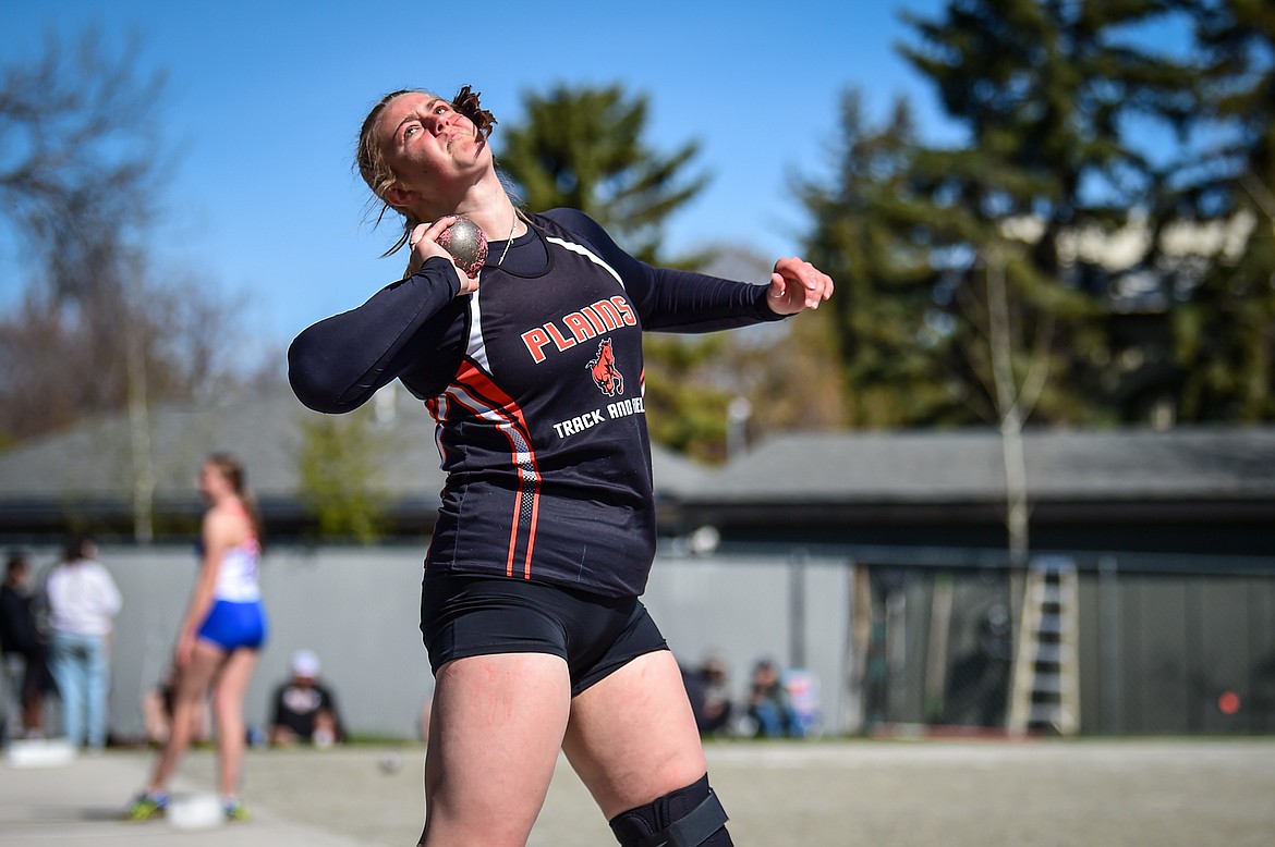 Plains' Alexis Deming took second place in the girls shot put at the Archie Roe Invitational at Legends Stadium on Saturday, May 4. (Casey Kreider/Daily Inter Lake)