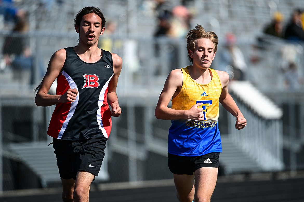 Thompson Falls' Cael Thilmony runs the boys 3200 meter run at the Archie Roe Invitational at Legends Stadium on Saturday, May 4. (Casey Kreider/Daily Inter Lake)