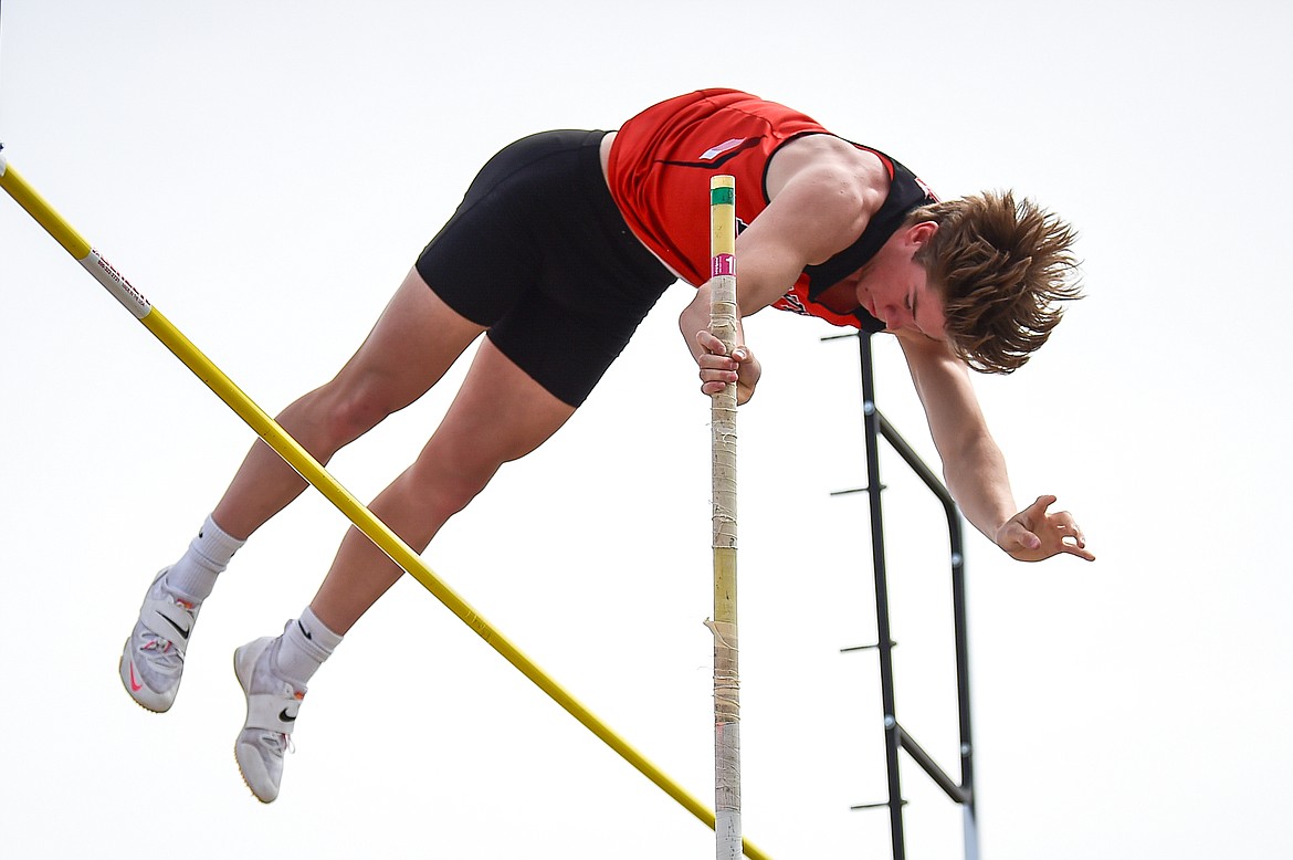 Flathead's Trevin Olivier clears 14' in the boys pole vault at the Archie Roe Invitational at Legends Stadium on Saturday, May 4. (Casey Kreider/Daily Inter Lake)