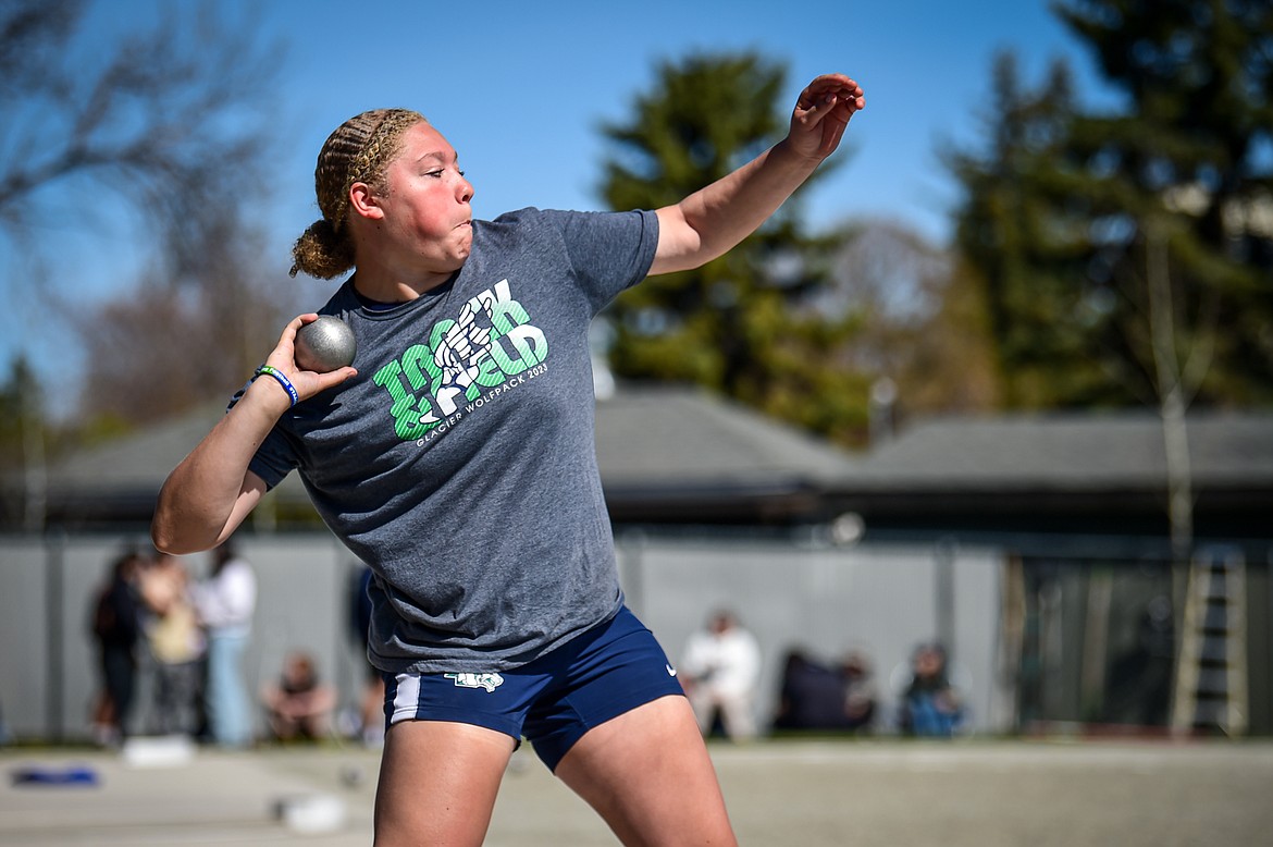 Glacier's Kai Johnson took first place in the girls shot put at the Archie Roe Invitational at Legends Stadium on Saturday, May 4. (Casey Kreider/Daily Inter Lake)