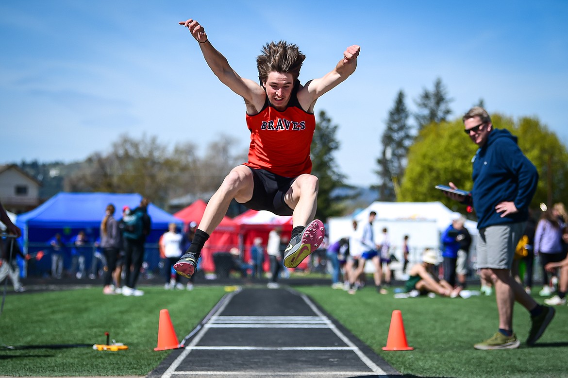 Flathead's Brody Thornsberry competes in the boys long jump at the Archie Roe Invitational at Legends Stadium on Saturday, May 4. (Casey Kreider/Daily Inter Lake)