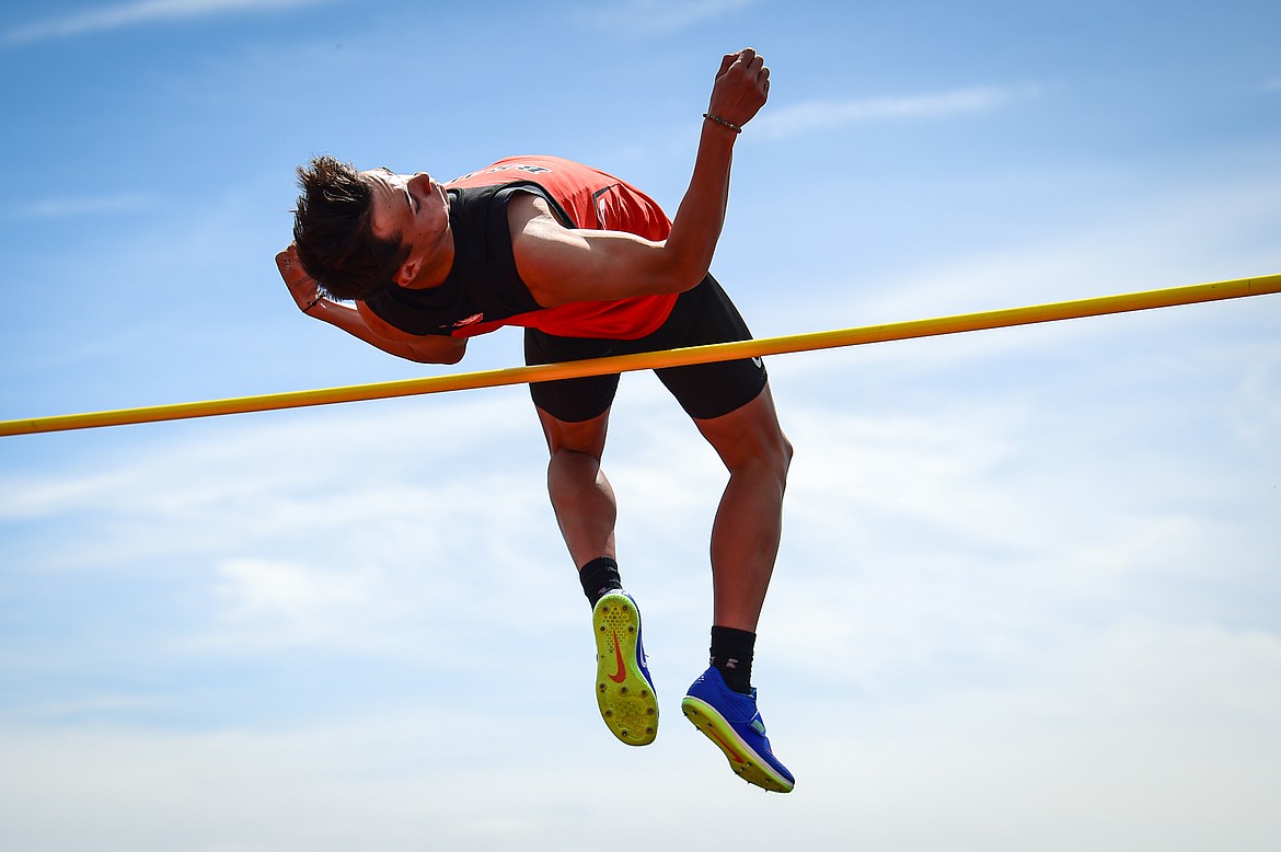 Flathead's Jacob Dolezal clears 6'2" in the boys high jump at the Archie Roe Invitational at Legends Stadium on Saturday, May 4. (Casey Kreider/Daily Inter Lake)