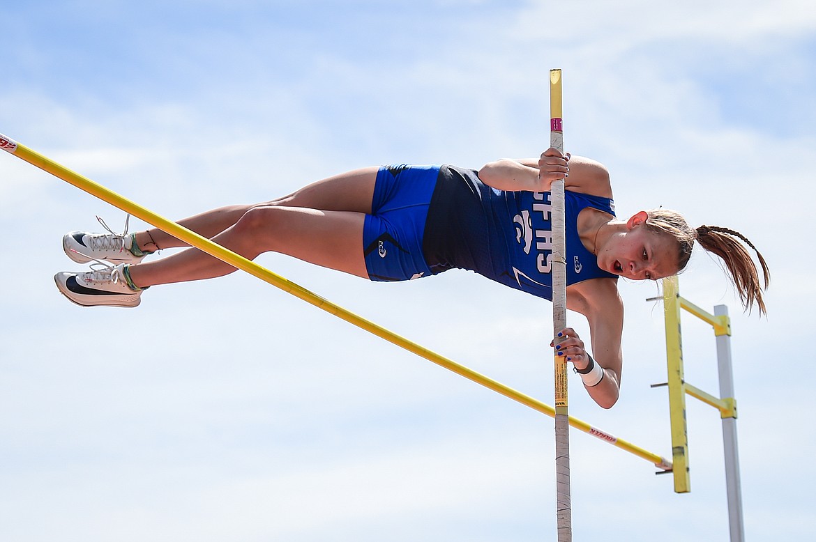 Columbia Falls' Soli Bullemer clears 10'6" in the girls pole vault at the Archie Roe Invitational at Legends Stadium on Saturday, May 4. (Casey Kreider/Daily Inter Lake)