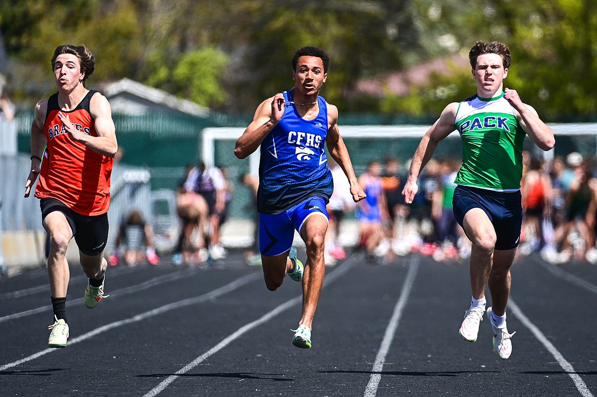 Columbia Falls' Malaki Simpson races to a first place finish in the boys 100 meter run at the Archie Roe Invitational at Legends Stadium on Saturday, May 4. (Casey Kreider/Daily Inter Lake)