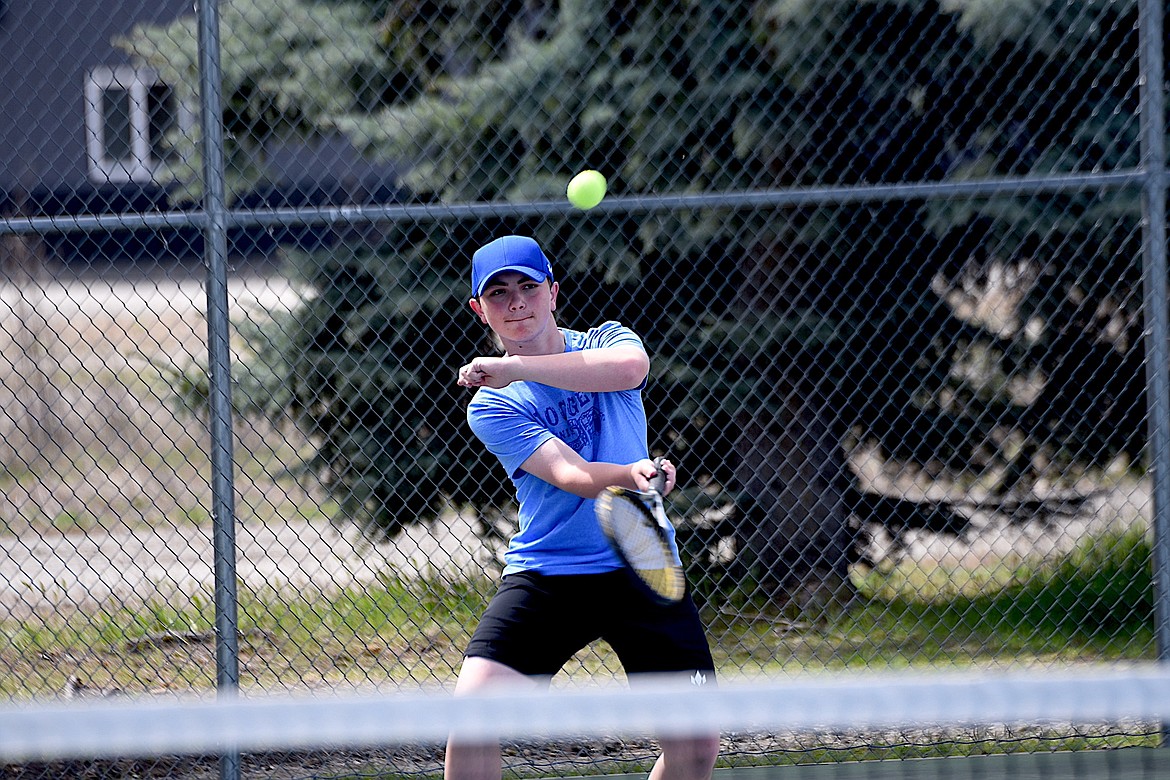 Libby's Teague Thompson competes against Columbia Falls Saturday, May 4, 2024. (Scott Shindledecker/The Western News)