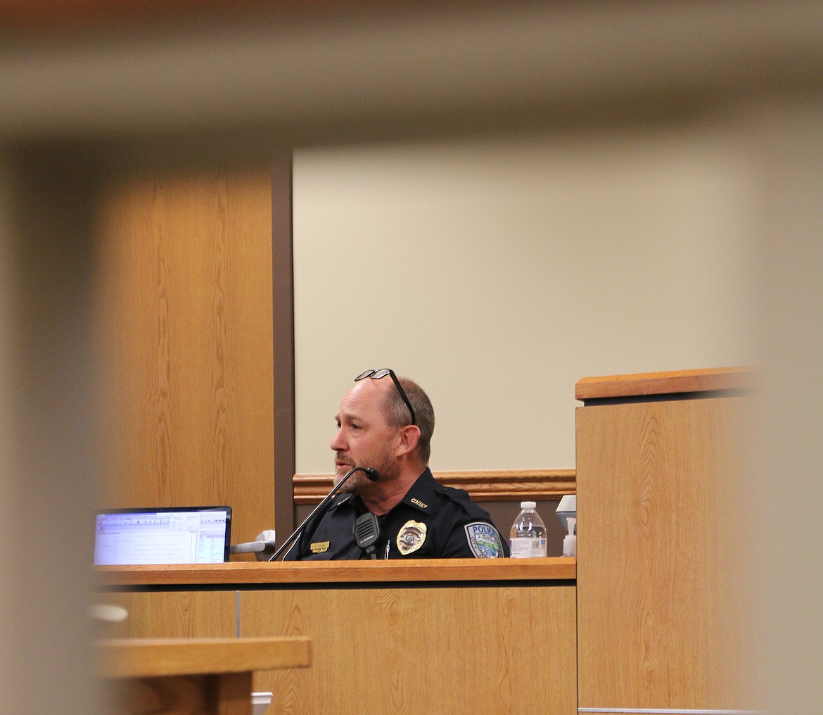 Sandpoint Police Chief Corey Coon testifies during a mock trial during a Law Day education event to teach local government students about the law, both criminal and civil.