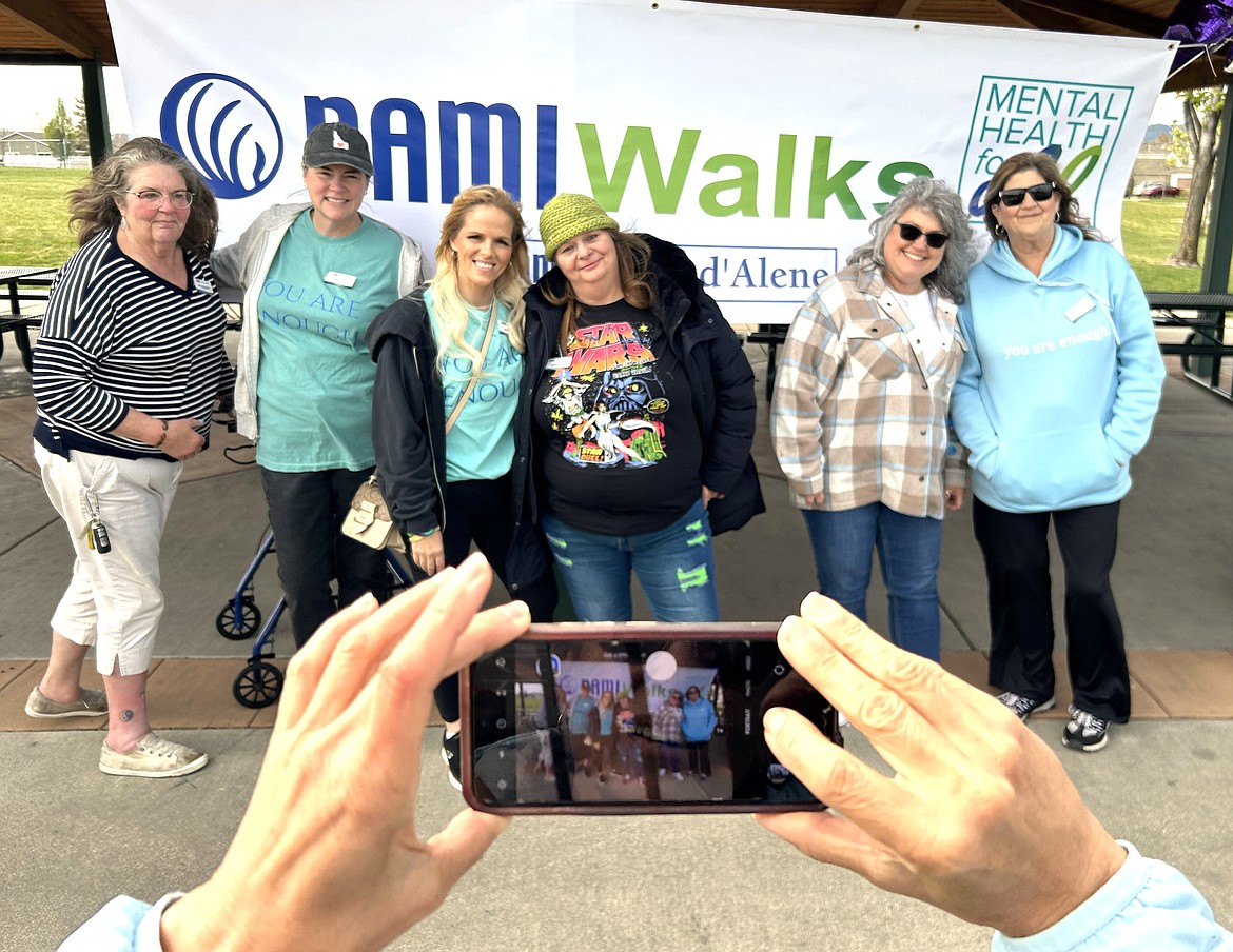 NAMI Coeur d'Alene supporters pose before walking on Saturday at Landings Park. From left, Donna Brundage, Kate Dolan, Annie Parker, Joy Fryman, Jill Ainsworth and Sherri Boelter.