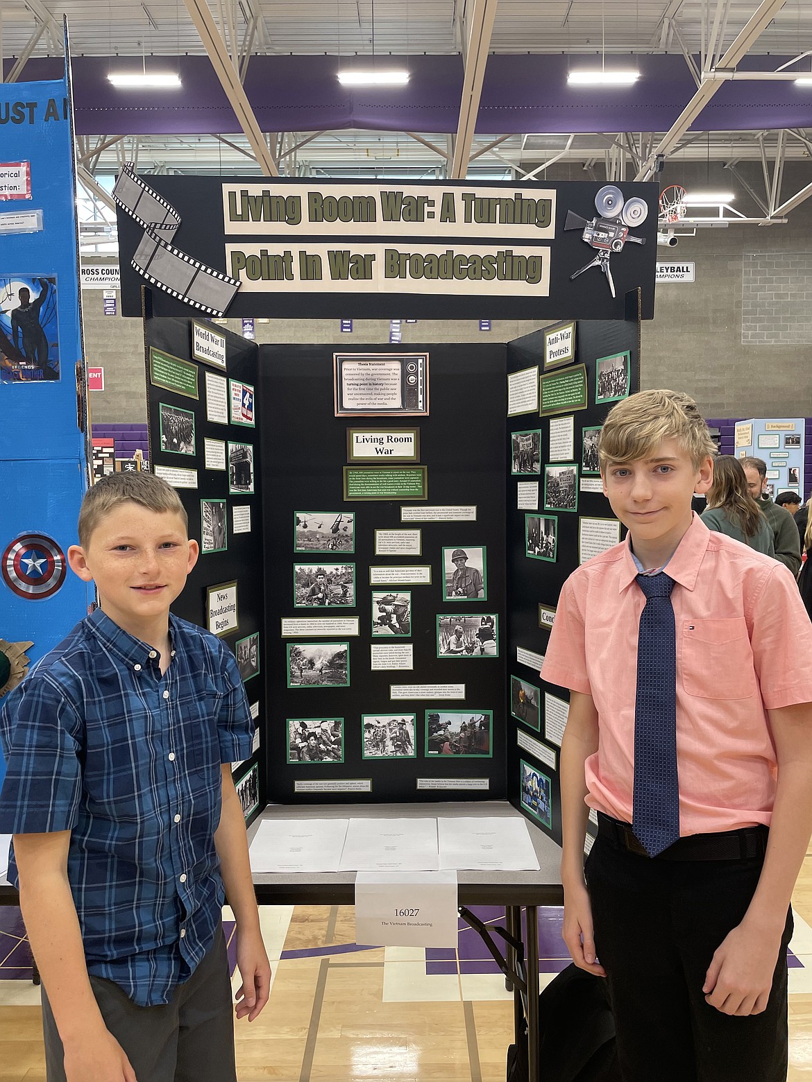 Royal Middle School seventh-graders Easton Sutor, left, and Kellen Lawrence qualified for the National History Day contest with their group project on media coverage of the Vietnam War.