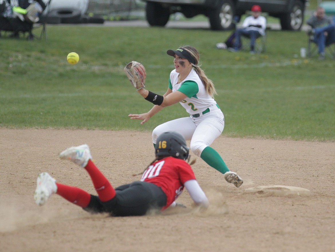 MARK NELKE/Press
Lakeland shortstop Delilah Zimmerman (2) awaits the throw as Cadence Skibitsky of Sandpoint slides into second base in the first game Saturday at Rathdrum.