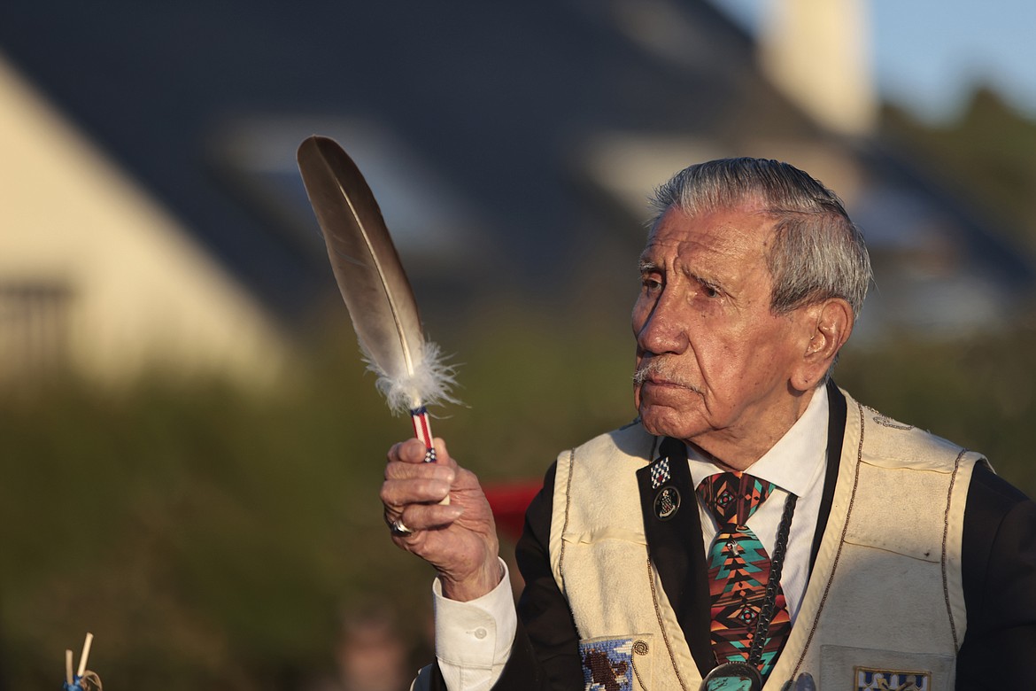 WWII veteran Charles Shay, pays tribute to soldiers during a D-Day commemoration ceremony of the 78th anniversary for those who helped end World War II, in Saint-Laurent-sur-Mer, Normandy, France, Monday, June 6, 2022. On D-Day, Charles Shay was a 19-year-old Native American army medic who was ready to give his life — and actually saved many. Now 99, he's spreading a message of peace with tireless dedication as he's about to take part in the 80th celebrations of the landings in Normandy that led to the liberation of France and Europe from Nazi Germany occupation. (AP Photo/ Jeremias Gonzalez, File)
