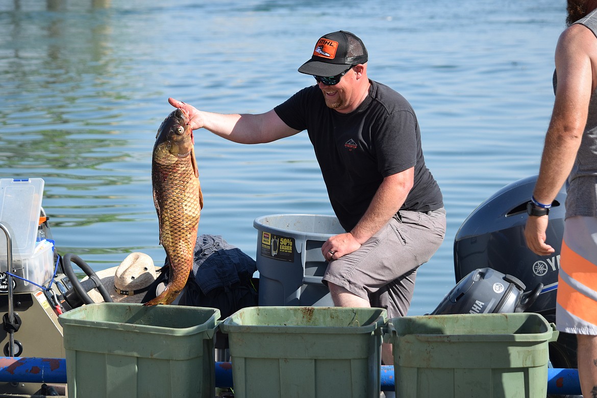 Carp shooter Kyle Lundeen unloads carp he and his teammates shot at last year’s Moses Lake Carp Classic. This year’s tournament is May 18.