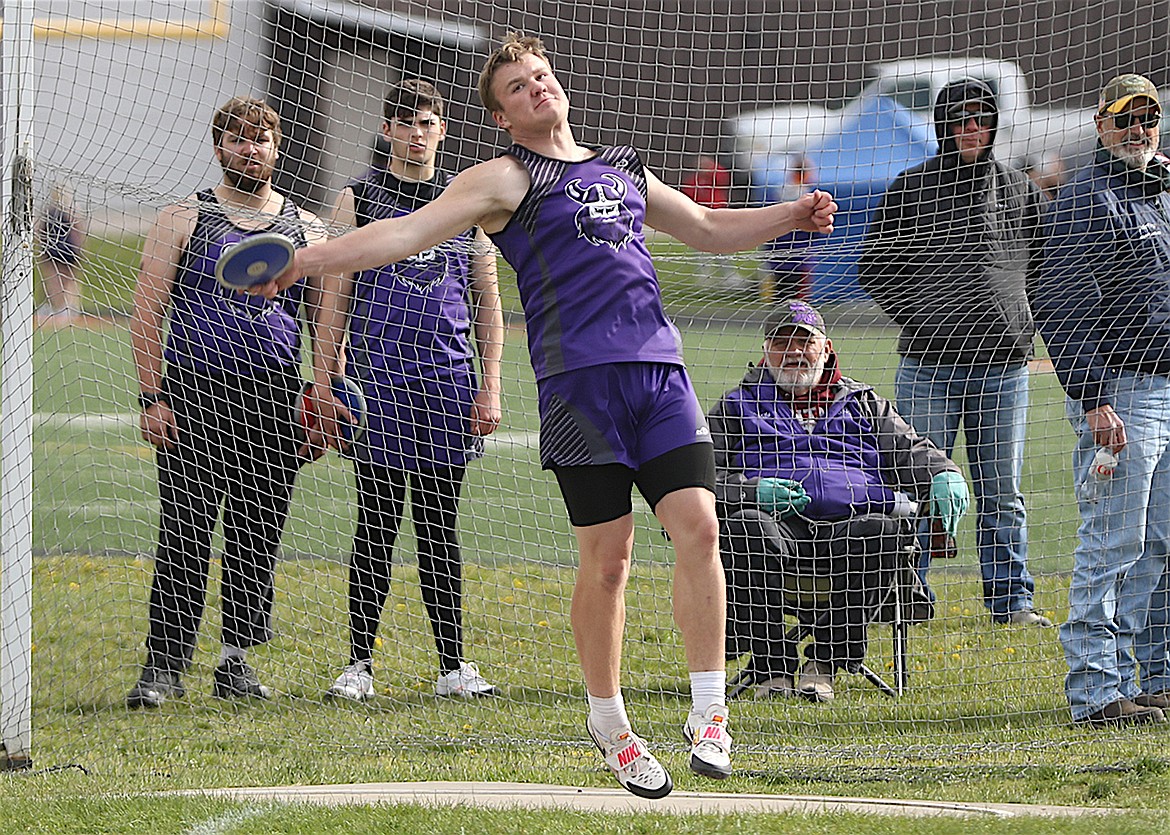 Charlo's Ryan Sharbono competed in both discus and shot put (where he placed third) at the Lake County Track Meet, held Thursday in Ronan. (Bob Gunderson photo)
