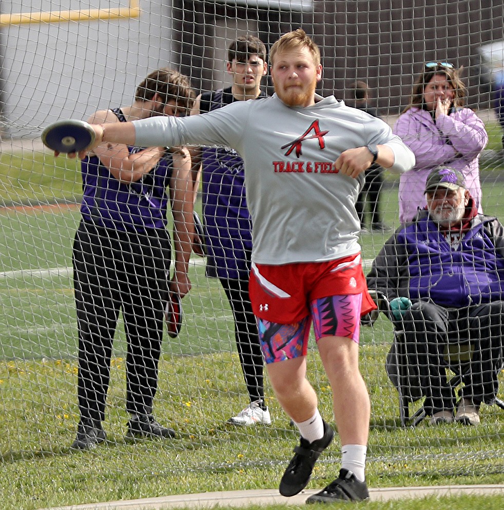 Arlee's Jake Knoll took second in the discus at last Thursday's all-county meet in Ronan. (Bob Gunderson photo)