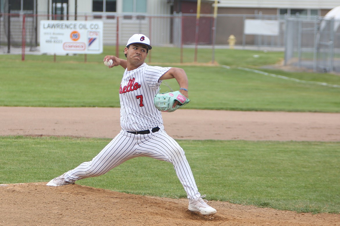 Othello junior Sonny Salazar pitches during the top of the second inning od Saturday’s CWAC district semifinal game against East Valley (Yakima). Salazar pitched six innings in the game, surrendering three hits, one earned run and three walks while striking out four Red Devil batters.