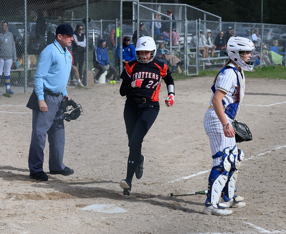 Plains freshman Taryn Meredith rounds third and heads for home during the Trotters' game versus T Falls this past Thursday at Pirk's Place field in Thompson Falls.  (Photo by Tracy Scott)