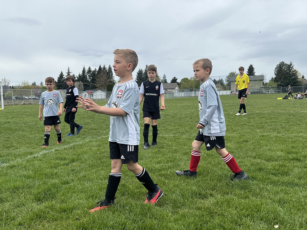 Photo by KATHY STERLING
The Timbers North FC 2016 Boys White soccer team beat the Sandpoint Strikers FV U08B Red team 7-6 last Saturday at Hayden Meadows Elementary. White team goals were scored by Jaxson Matheney (4), Mitchell Volland (1) and Greyson Guy (2). From left in the gray jerseys are Mitchell Volland, Elijah Cline and Kevin Sahm.