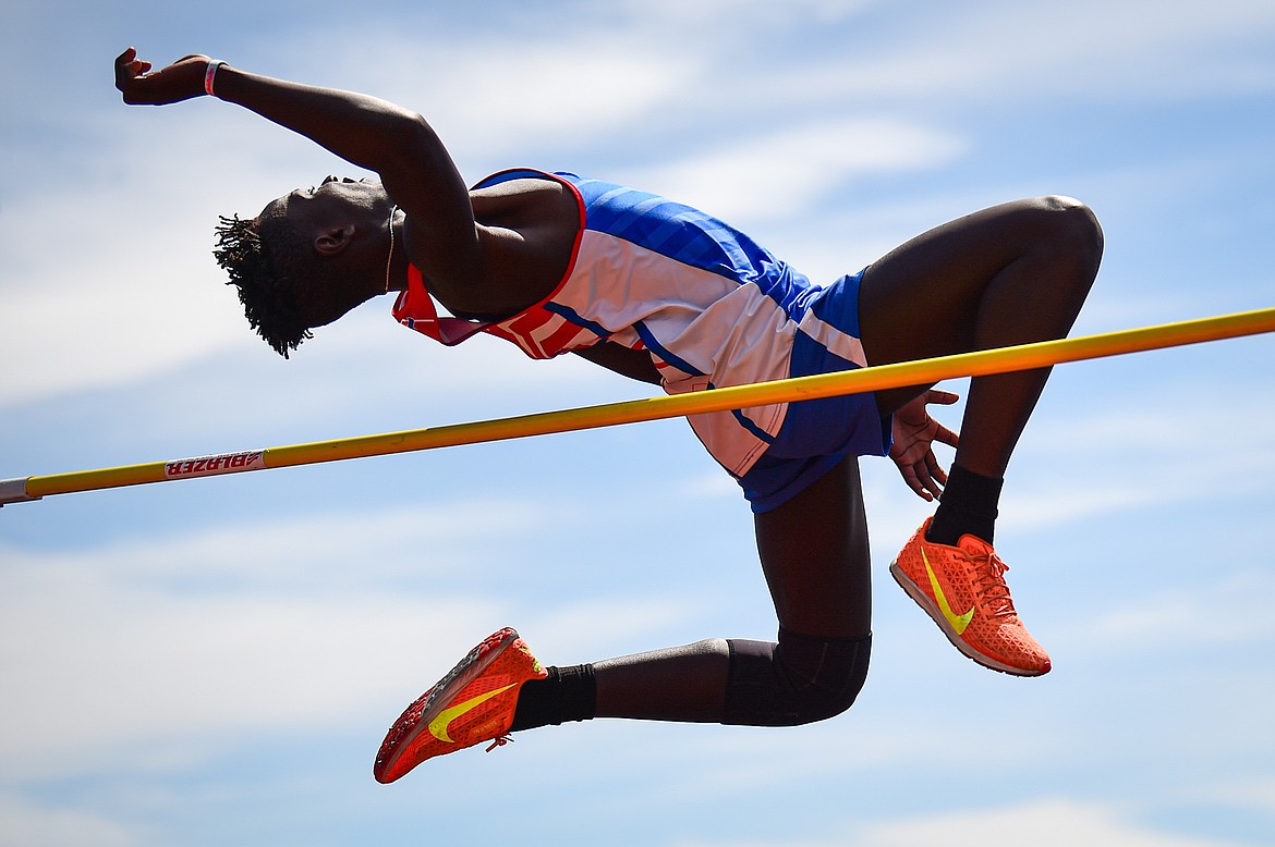 Bigfork's Tamret Savik clears 5'8" in the boys high jump at the Archie Roe Invitational at Legends Stadium on Saturday, May 4. (Casey Kreider/Daily Inter Lake)