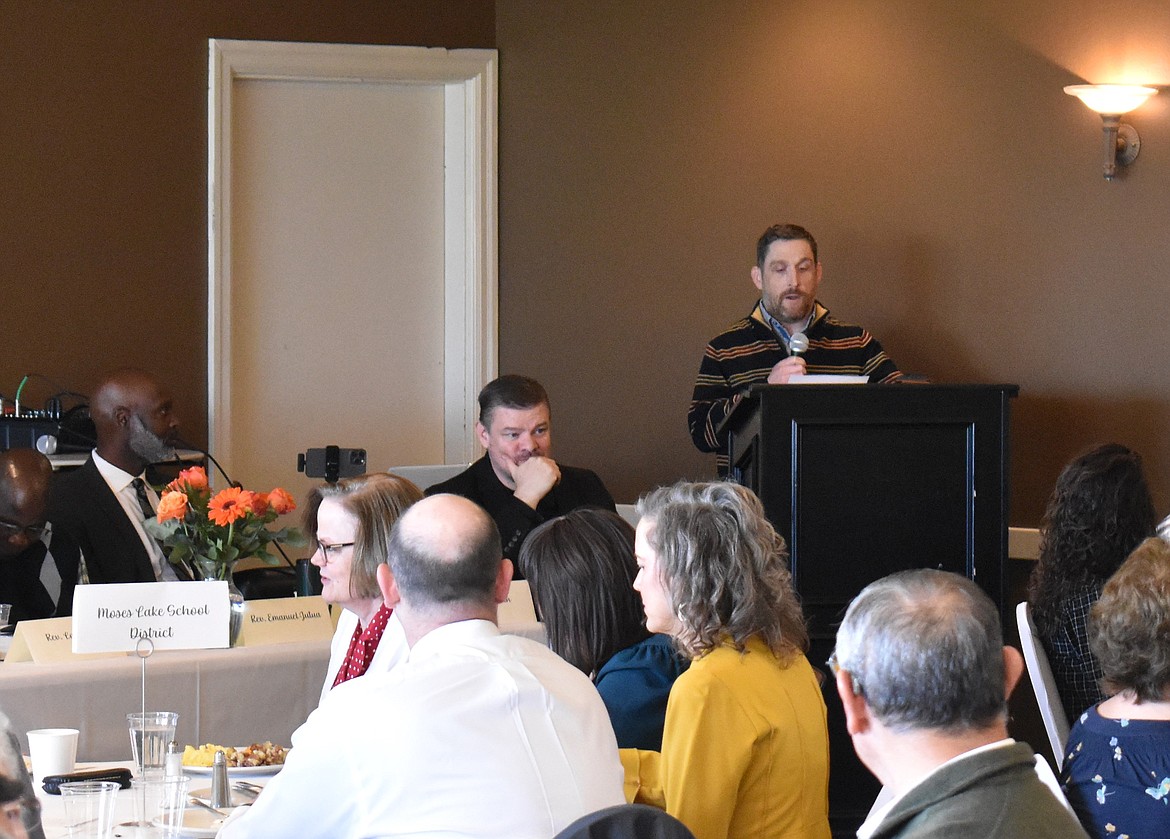 Moses Lake Mayor Dustin Swartz speaks during the 2024 Mayor's Prayer Breakfast. Swarts urged those present and the community as a whole to take care of one another during his comments.