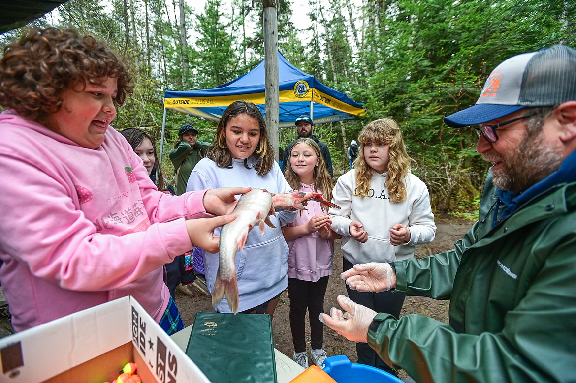 Fifth-grade students in teacher Kirsten Pevey's class at Rankin Elementary School get an opportunity to handle different species of fish found in local waterways with Montana Fish, Wildlife and Parks Fisheries Biologist Leo Rosenthal at the fisheries station at the Family Forestry Expo on Tuesday, May 7. (Casey Kreider/Daily Inter Lake)