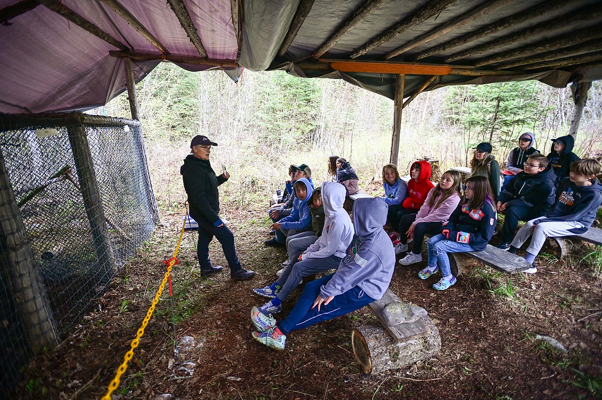 Carolyn Clark, with the Glacier Institute, gives a presentation on owls at the wildlife station at the Family Forestry Expo on Tuesday, May 7.  (Casey Kreider/Daily Inter Lake)