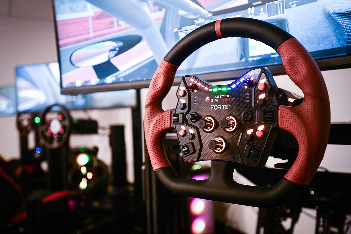 One of four racing simulator cockpits at Glacier Racing Simulators in the KM Building in Kalispell on Tuesday, May 7. (Casey Kreider/Daily Inter Lake)