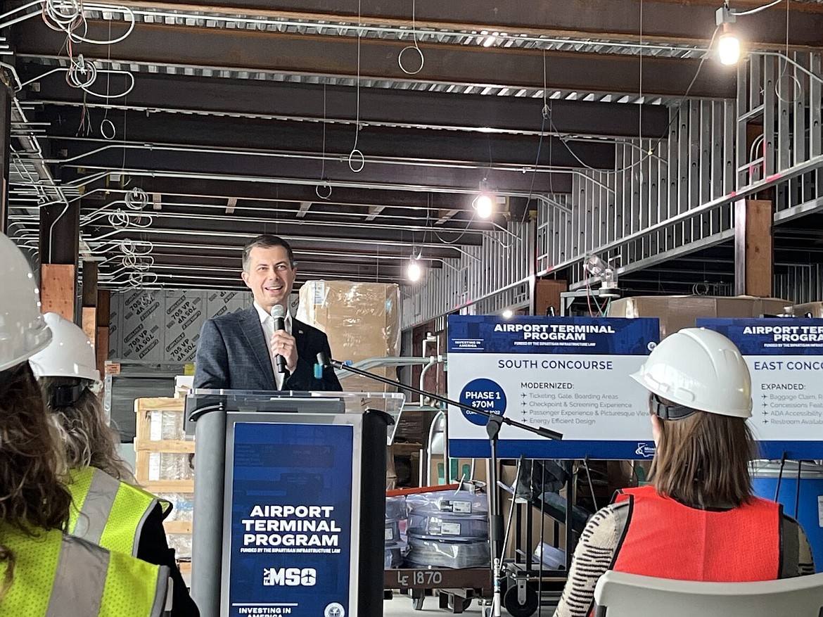 Secretary of Transportation Pete Buttigieg talks federal infrastructure investments at the Missoula International Airport. (Keila Szpaller/The Daily Montanan)