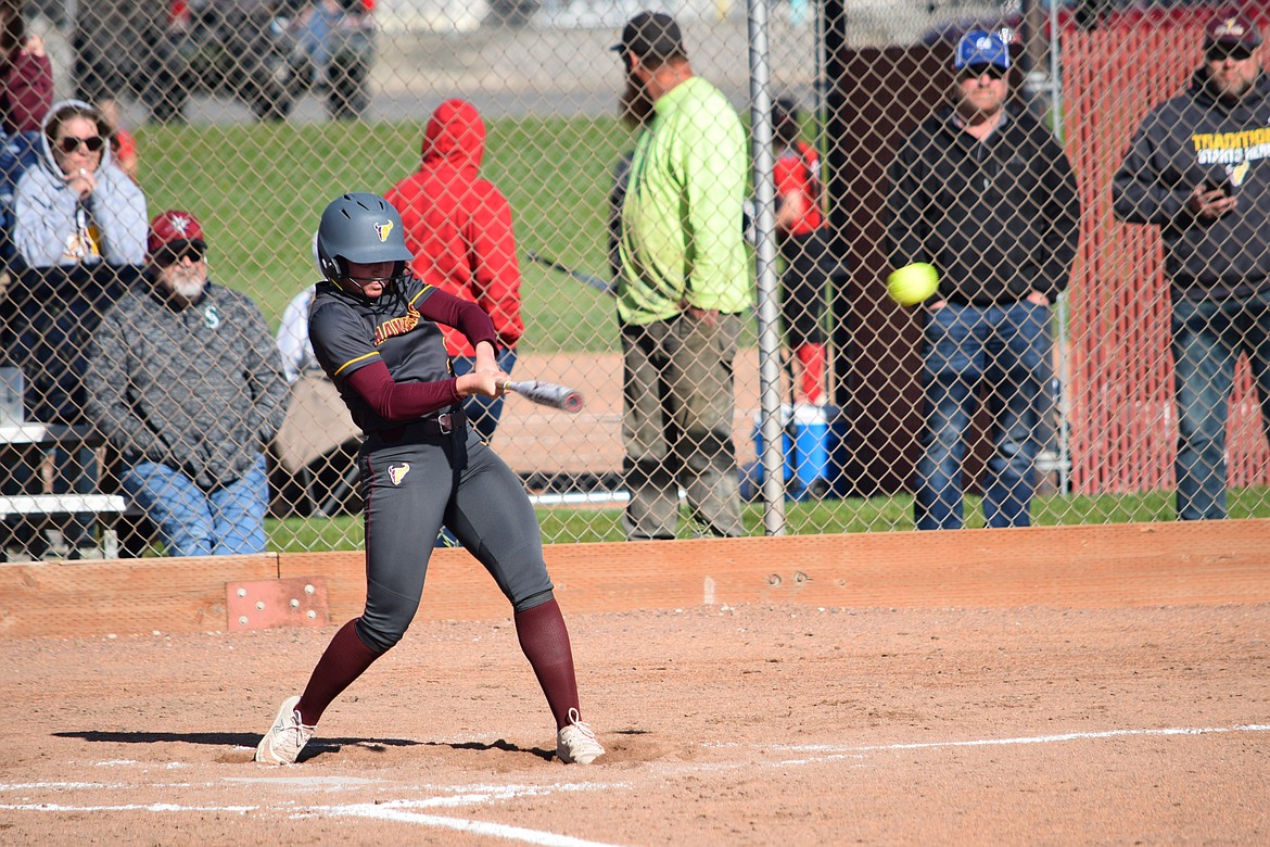 Moses Lake senior Raegen Hofheins makes contact with a pitch in Monday’s road game against Othello. Hofheins tied for a team-high in hits in the win (two).