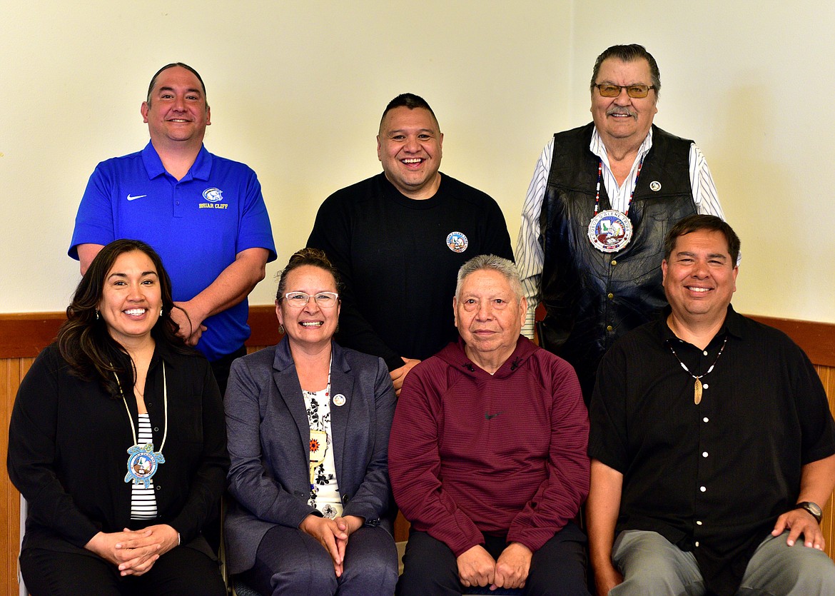 The Coeur d'Alene Tribe Tribal Council election was held Saturday at the Tribal Headquarters in Plummer. The swearing-in ceremony was held at the Rose Creek Long House in Worley. All three incumbents — Chief J. Allan, Donald Sczenski and Charlotte Nilson — were successful in their re-election bids. Back row, from left: Gene Hemene James, Allan and Sczenski. Front row: Margaret SiJohn, Nilson, Ernie Stensgar and Caj Matheson.