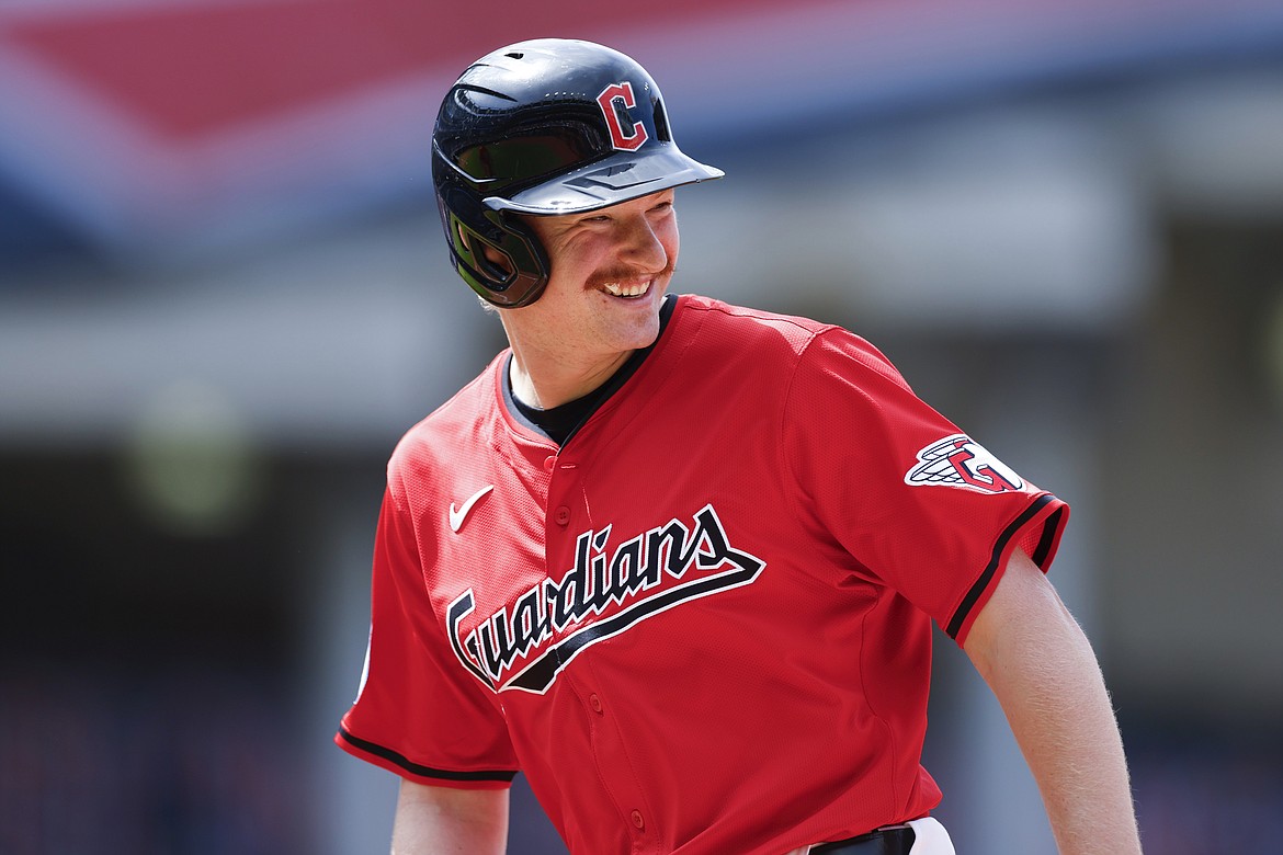 RON SCHWANE/Associated Press
Kyle Manzardo of the Cleveland Guardians, the former Lake City High and Washington State star, is all smiles after getting his first major league hit, a single off Detroit Tigers pitcher Jason Foley in the seventh inning Wednesday in Cleveland.