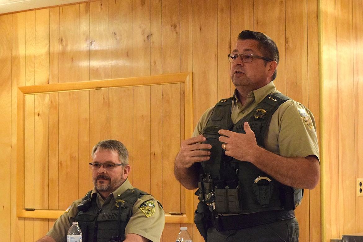 Adams County Sheriff Dale Wagner, right, addresses the audience of Tuesday evening’s Community Connection event in Lind.