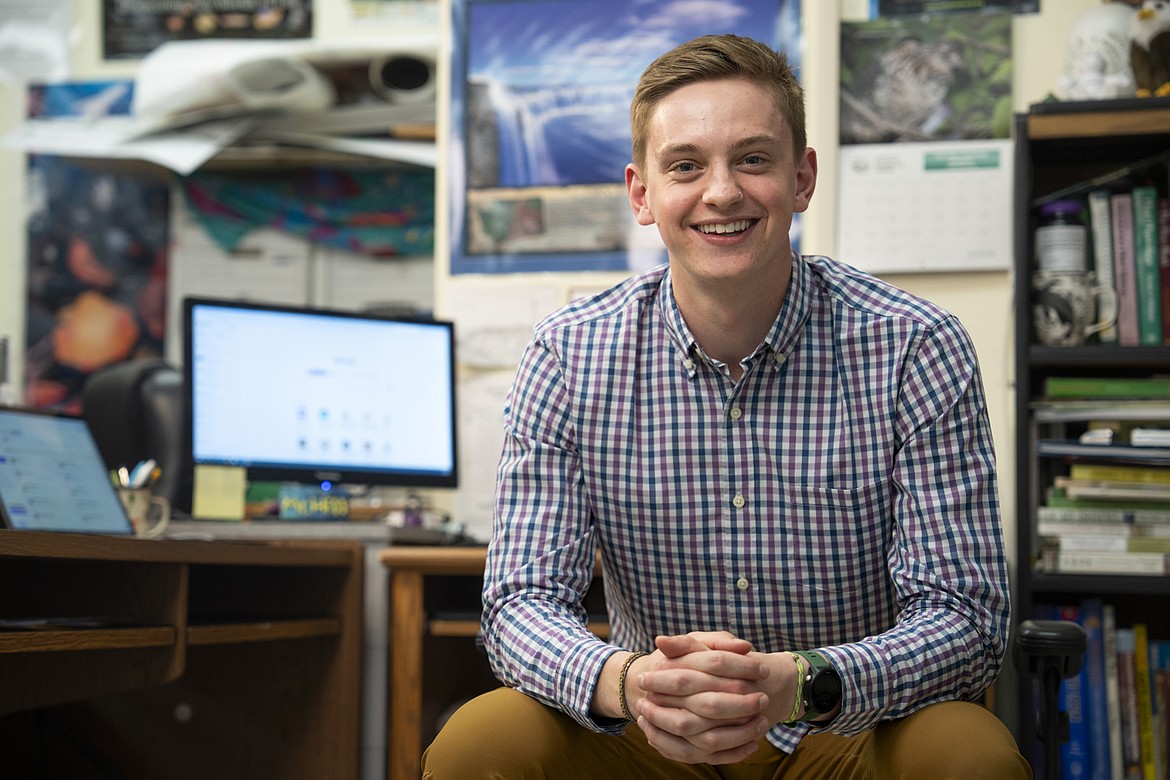 University of Montana student Simon Hill, pictured here at Big Sky High School in Missoula, is exploring appropriate uses for artificial intelligence in Montana classrooms. He will graduate from UM on May 11. (UM photo by Coral Scoles-Coburn)