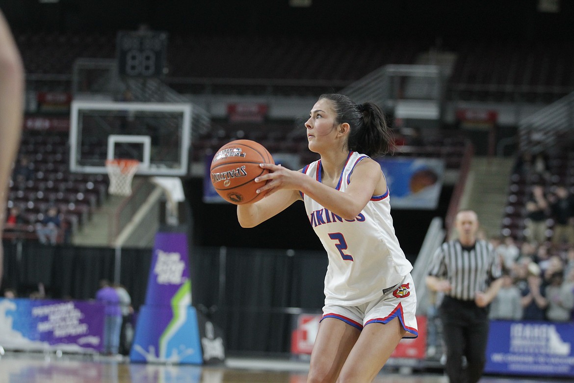 JASON ELLIOTT/Press
Coeur d'Alene High senior Maddie Mitchell attempts a 3-pointer during the Vikings state 5A opening round basketball game against Rocky Mountain of Meridian on Feb. 15 at the Ford Idaho Center in Nampa.