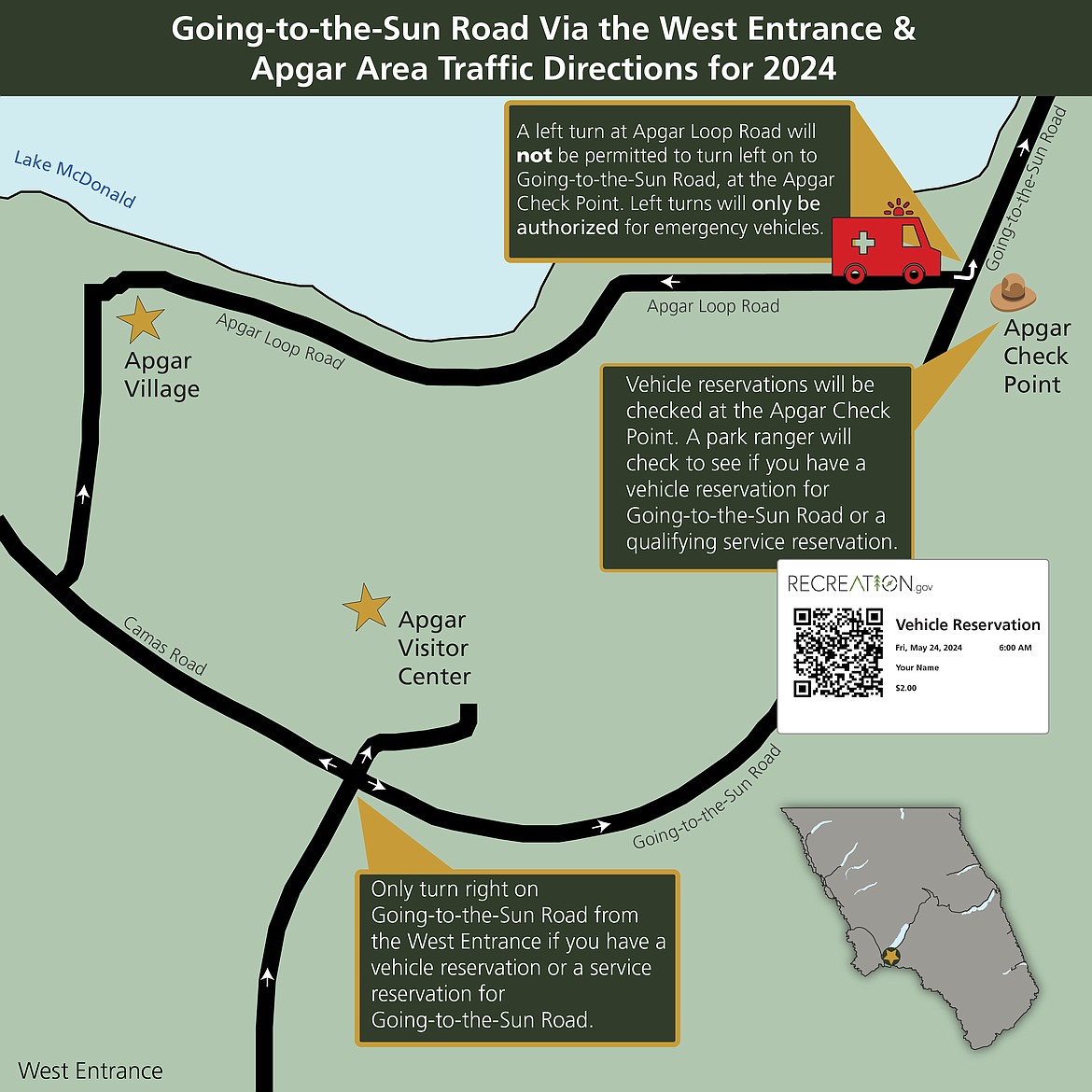 A map details where the check station for west side vehicle reservations will be in Apgar. (photo provided)