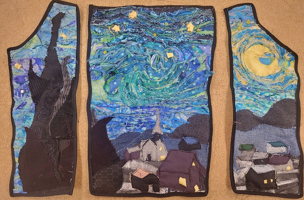 A jacket with an interpretation of Vincent van Gogh’s “The Starry Night” painting on the back.