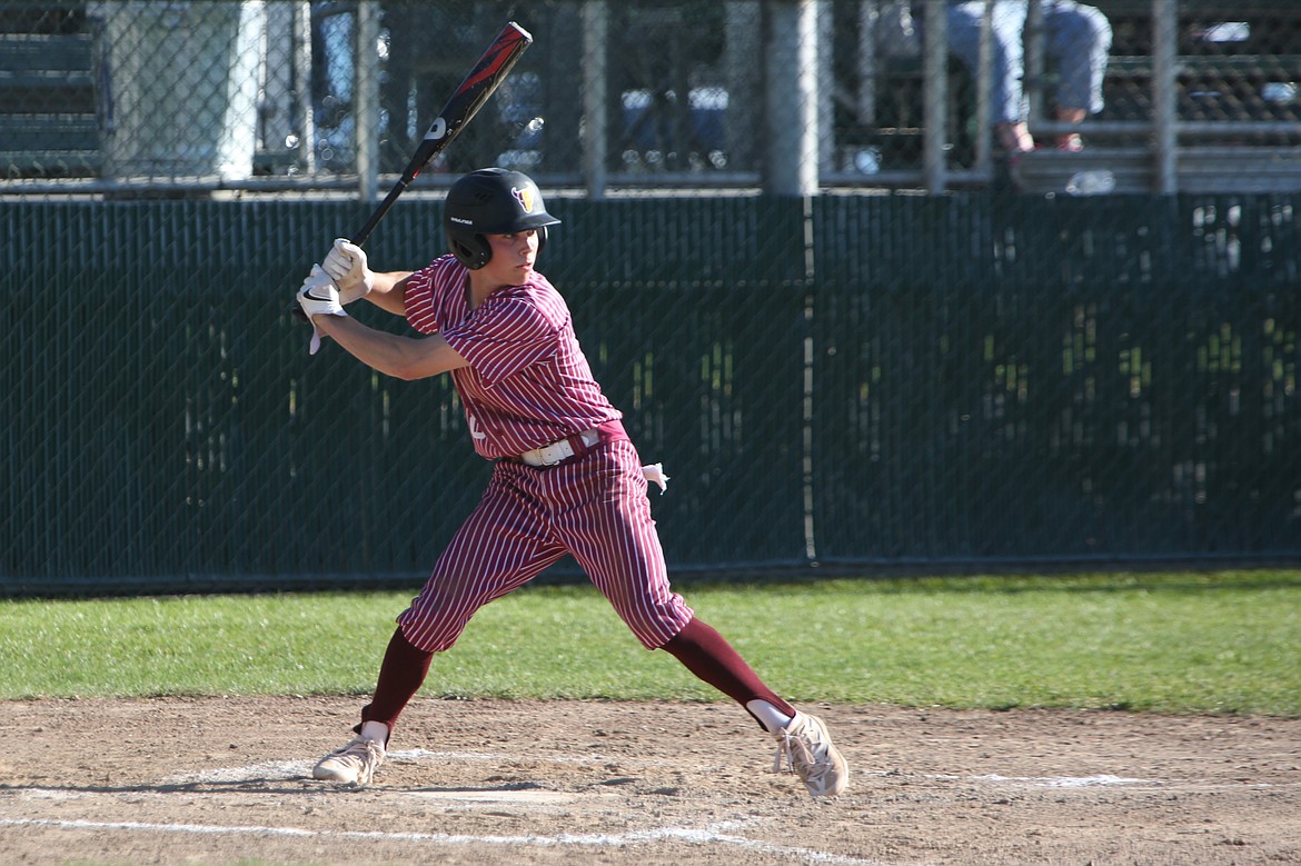 Moses Lake senior Jayce Stuart awaits a pitch in the batter’s box. Stuart tied for a team-high in RBI (two) and led the Mavs with two hits in Friday’s win over Eastmont.